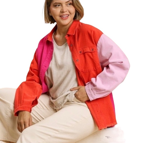 UMGEE Size L Colorblock Pink Orange Corduroy Shacket Shirt Jacket - Picture 3 of 12